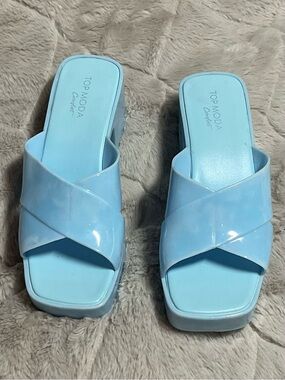 TOP Moda Comfort Light Blue Jelly Platform Block Heel Slide Sandals Size 8